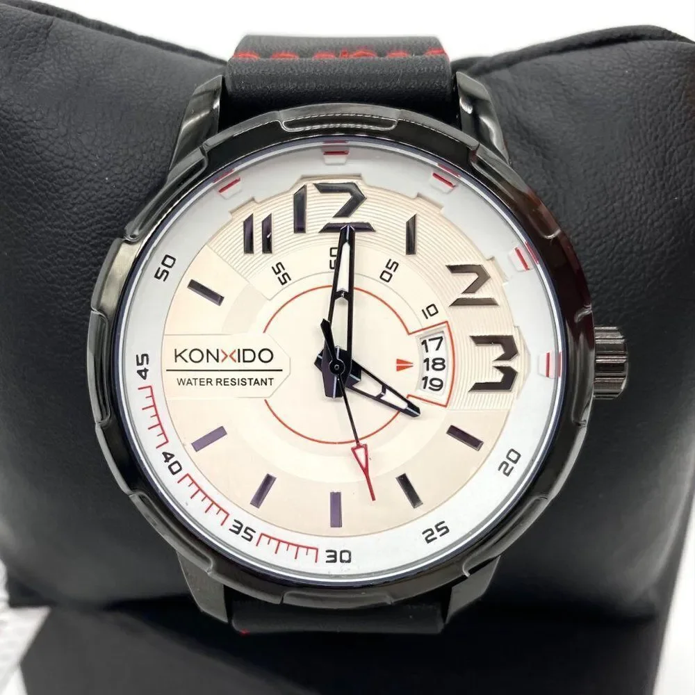 Konxido Men’s 50mm Stainless Steel Quartz Watch Black Leather Band New